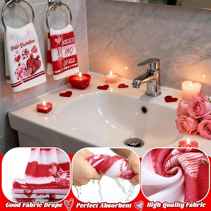 FuWeave 8 Pcs Valentines Shower Curtain Set Red Conversation Hearts Sweet Romantic Bathroom Decor Valentines Day Waterproof Shower Curtain Towels Non Slip Rug Toilet Lid Cover Bath Mat with 12 Hooks