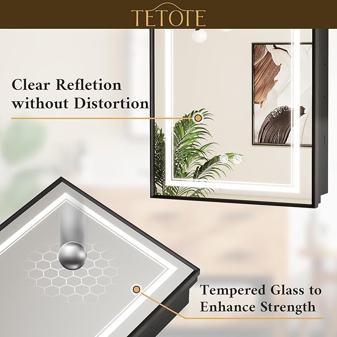 TETOTE Black Led Bathroom Medicine Cabinet with Mirror 20 x 26 Recessed or Surface Mount Metal Framed Lighted Medicine Cabinet, Tempered Glass, 3 Color Dimming, Anti-Fog, 2 Outlets, Adjustable Shelf