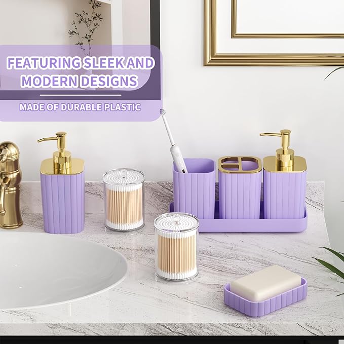 XLHOMO Bathroom Accessory Set - 26PC Bathroom Shower Curtain and Rug Set, Bathroom Accessories Set, Purple Bathroom Set with Trash Can, Toilet Brush, Qtip Holder & Soap Dispenser