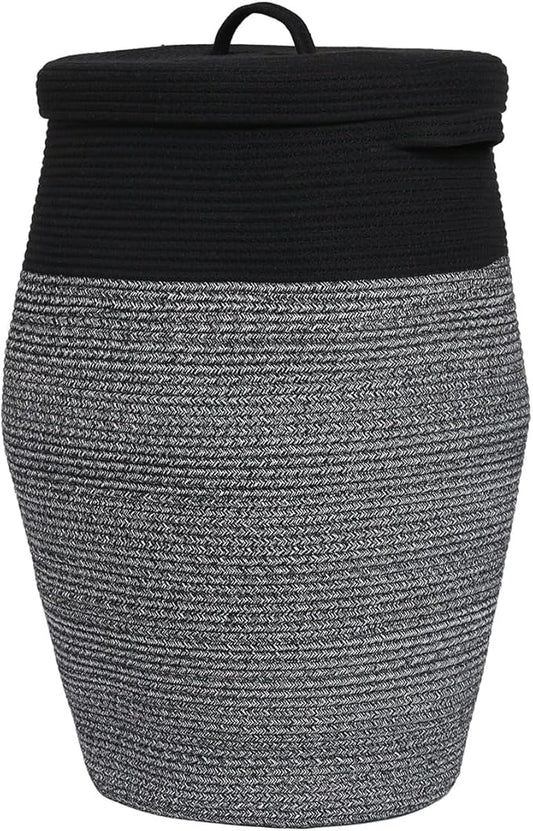 26" x 20" Handcrafted Tall Cotton Rope Basket with Lid, Stylish Flagon Shape with Cover, Clothes Hamper with Top, for Bedroom and Living Room, Black in Black Light Grey Mix