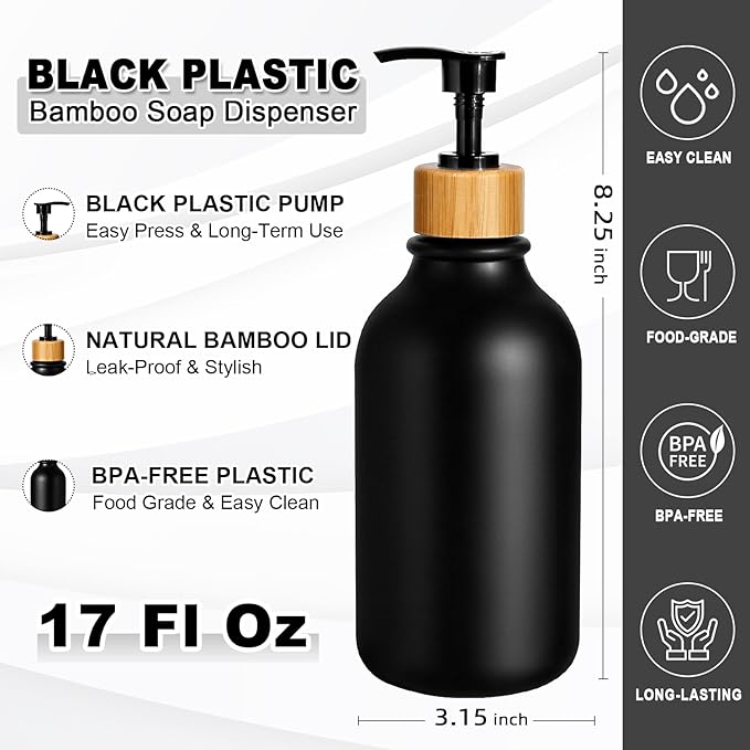 KASUNTING Black Soap Dispenser, 4 Pack Hand Soap Dispenser Bathroom with Bamboo Pump,17 Fl Oz Plastic Hand and Dish Dispenser Set for Kitchen, Refillable Liquid Soap and Lotion Dispensers Bottle