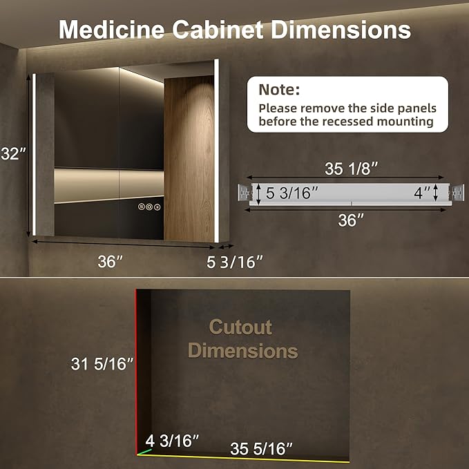 Medicine Cabinet with LED Lights and Mirror, 36 x 32 Inch Surface or Recessed Mounted Bathroom Cabinets with Door, Defogger, Memory Function, 3-Color Mode, Outlet&USB, Dimmer, Storage Shelf
