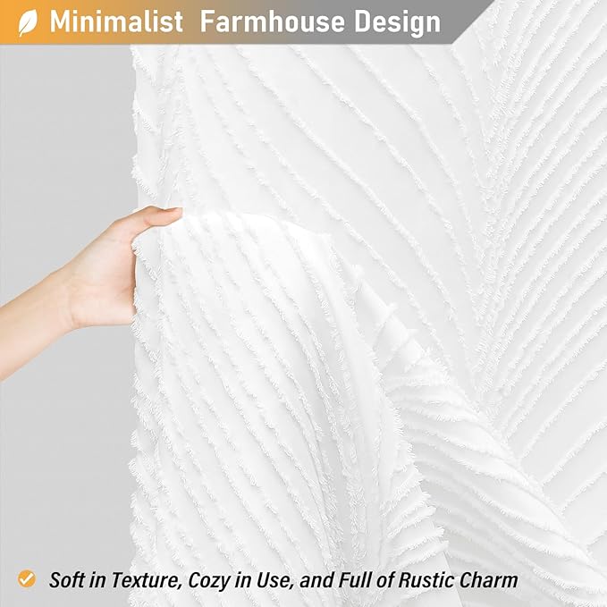 BTTN 96 Extra Long Shower Curtain - 72x96 Tufted Textured Striped Tassel Shower Curtain Set with 12 Hook, Tall Farmhouse Vintage Aesthetic Neutral Shabby Chic Shower Curtains for Bathroom, White