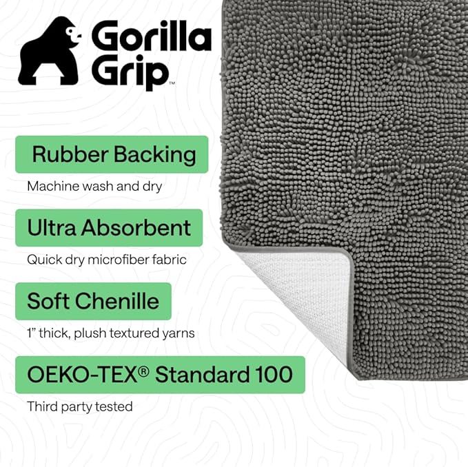GORILLA GRIP Bath Rug Mat 60x17, Soft Absorbent Chenille, Quick Dry Microfiber Mats, Rubber Backing Washable Shower Floor Rugs, Bathmat Runner, US Designed Bathroom Home Decor Accessories Charcoal