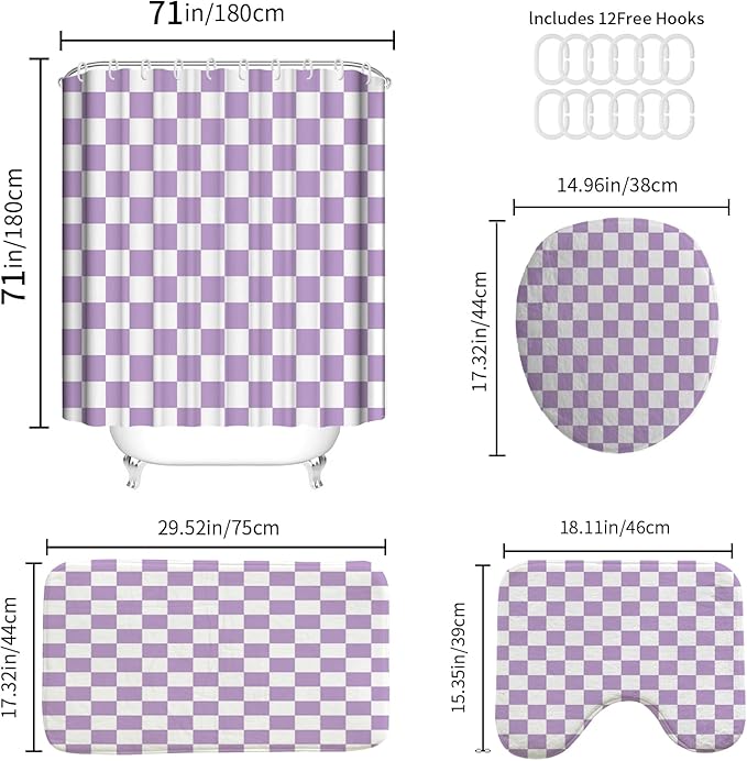 4 PCS Checkered Shower Curtain Sets Fun Gingham Bathroom Sets Soft Non Slip Bath Rugs Toilet Cover U-Shaped Mat Retro Bright Waterproof Shower Curtains with 12 Hooks for Tub Toilet, Purple
