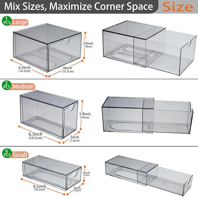 10 Pack Acrylic Storage Drawers Plastic Drawers Storage Clear Stackable Display Bins for Fridge Organizers Small Plastic Drawer for Makeup Organizers Cosmetic Display Case