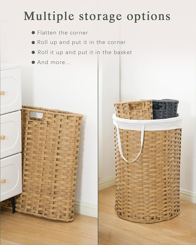 SETVSON Laundry Basket Round Rattan Laundry Hamper 29.1 Gal(110 L)Handwoven Large Wicker Basket with Handles, Wicker Hamper with Removable Bags and 2 Mesh Bags for Bathroom Living Room Natural(No Lid)