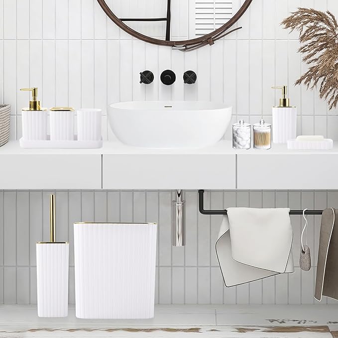 XLHOMO Bathroom Accessories Set - Gorgeous Bathroom Set, 10PC White Bathroom Accessory Set, Toilet Brush, Trash Can, Qtip Holder Dispenser & Soap Dispenser