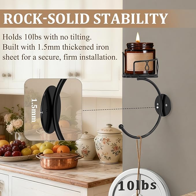 Fashion Matte Black Towel Hook with Candle Holder, Metal Sturdy Wall-Mounted Hand Towel Holder for Bathroom, Holder for Glasses, Candles and Plants, Coat Rack for Bedroom and Bathroom Decor