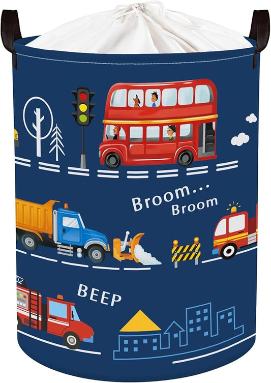 Cars Laundry Hamper Cartoon Vehicle Large Storage Basket Collapsible Parents Organizer Boy Toy Clothes Bins for Bedroom, Bathroom, City Bus, 63L