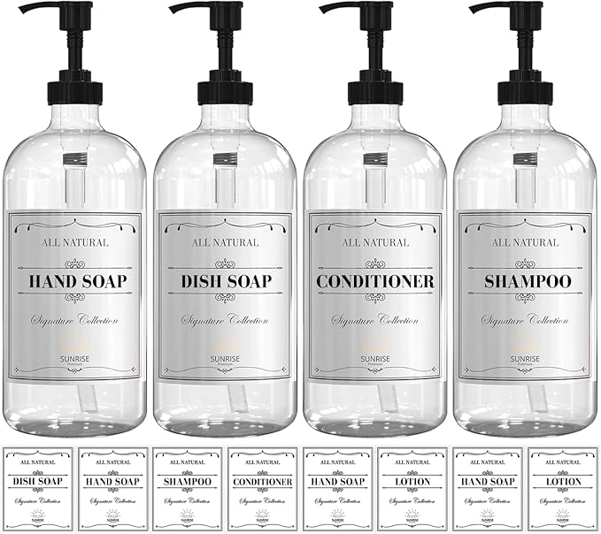 Sunrise Premium 16 OZ Clear Glass Soap Dispenser with Pump, Hand and Dish Soap Dispenser Set for Bathroom with 12 Waterproof Labels, Pack 4