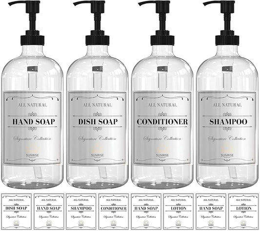 Sunrise Premium 16 OZ Clear Glass Soap Dispenser with Pump, Hand and Dish Soap Dispenser Set for Bathroom with 12 Waterproof Labels, Pack 4