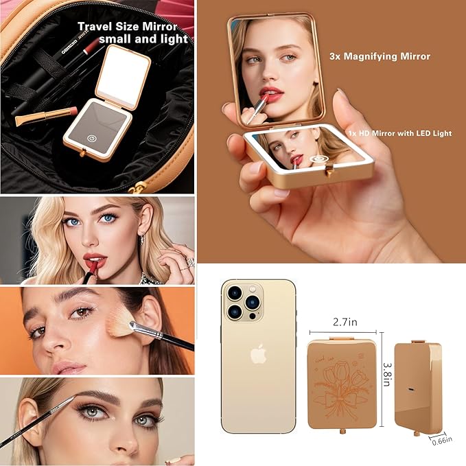 Rechargeable Compact LED Makeup Mirror with 3X Magnification, 3 Light Modes, Tulip Engraved Foldable Travel Mirror for Purse, Portable 2-Sided Vanity Mirror for Women Gift（Tulip）