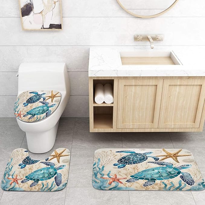 4 Piece Shower Curtain Set, Ocean Coral Sea Turtle Waterproof Bathroom Set Accessories with Non-Slip Rugs, Toilet Lid Cover Bath Mat and 12 Hooks, Blue Shell Animal Home Decor 72" x 72"