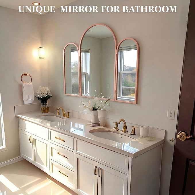 Wonderjune Trifold Vanity Mirrors 3 Way, 30 x 37 in Adjustable Arch Trifold Mirror for Bathroom Bedroom, Decorative Folding 3 Sided Mirror Wall Mounted for Braiding Hair Makeup(Rose Gold)