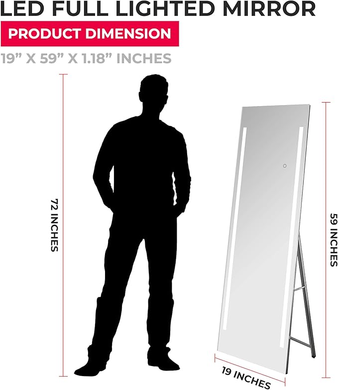 19x59 Inch Full Length LED Mirror for Bathroom with 3 Color Modes, Touch Dimmer - Free Standing or Wall Mount Lighted Vanity for Bedroom, Dressing Room - Fab Glass and Mirror