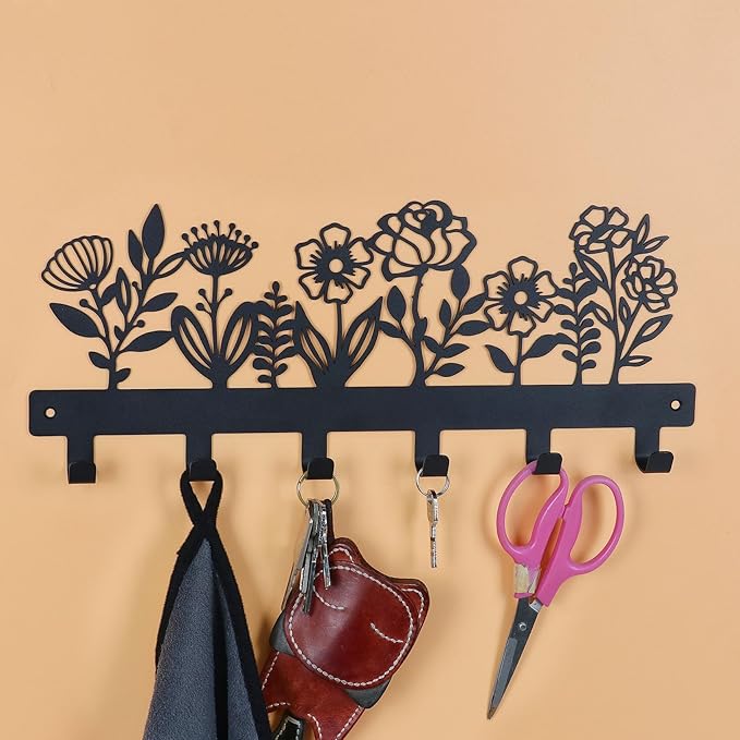 16 Inches Towel Rack Key Holder Wall Mounted with 6 Hooks, Black Metal Keychain Hanger for Entryway Front Door Hallway Mudroom, Waterproof Rustproof Kitchen Bathroom Organizer Home Decor