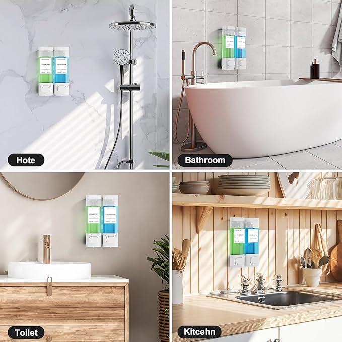 Shampoo and Conditioner Dispenser – Wall-Mounted Shower Soap Dispenser, No-Drill Installation, Lockable, 900 ml Capacity,for Bathroom & Hotel or Airbnb (White, 2-Pack)