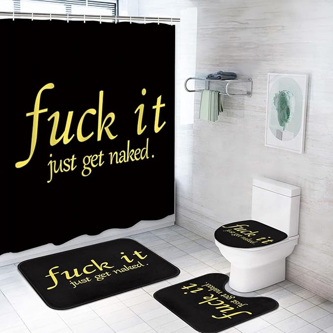 ArtSocket 4PC Black Funny Get Naked Shower Curtain Sets Bathroom Decor with Rugs, Non-Slip Rug,Toilet Lid Cover, Bath Mat and 12 Hooks 72x72 inches
