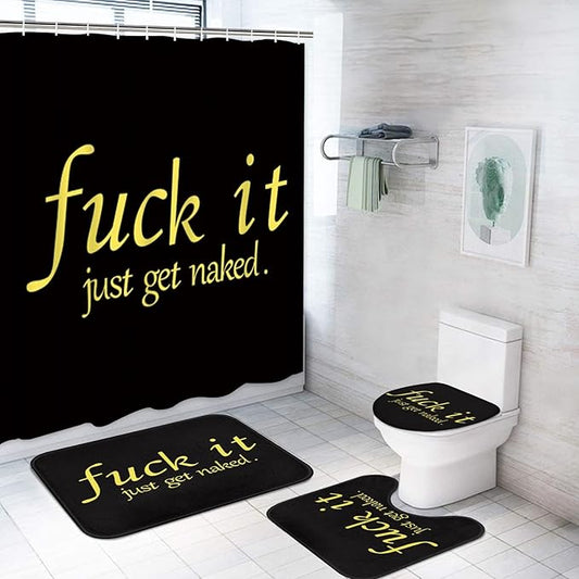 ArtSocket 4PC Black Funny Get Naked Shower Curtain Sets Bathroom Decor with Rugs, Non-Slip Rug,Toilet Lid Cover, Bath Mat and 12 Hooks 72x72 inches