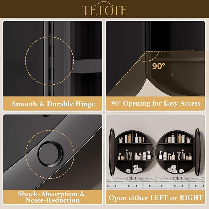 TETOTE 20 x 20 Inch Medicine Cabinet Mirror Black Framed Round Mirrored Medicine Cabinets for Bathroom Adjustable Shelves Modern Bathroom Mirror with Storage Wall Mounted