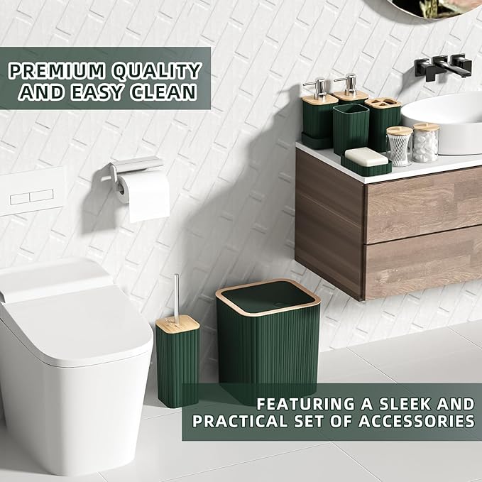 XLHOMO Bathroom Set - Elegant Green Bathroom Set, 10PC Green Bathroom Accessories Set, Bathroom Sets with Toilet Brush, Bathroom Trash Can