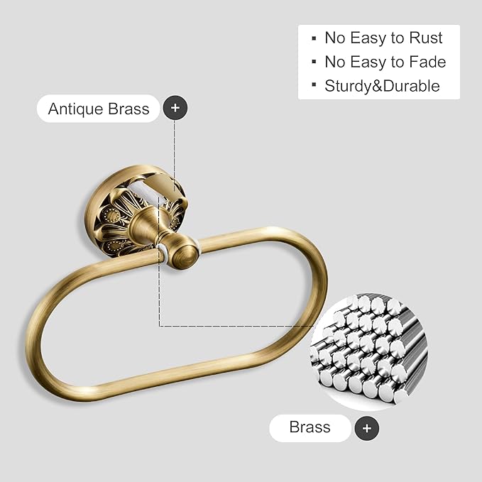 Brass Bathroom Hand Towel Holder, Antique Brass Towel Ring Holder, Vintage Wall Mounted Oval Towel Rack Hanger Home Half Round Bathroom Hardware Accessory