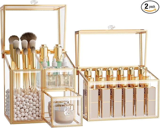 CoralHouse Makeup Brush Organizer – Vanity Organizer with 18-Slot Lipstick Organizer & Makeup Brush Holder with Lid – Skincare, Perfume & Cosmetic Storage for Bathroom or Dresser