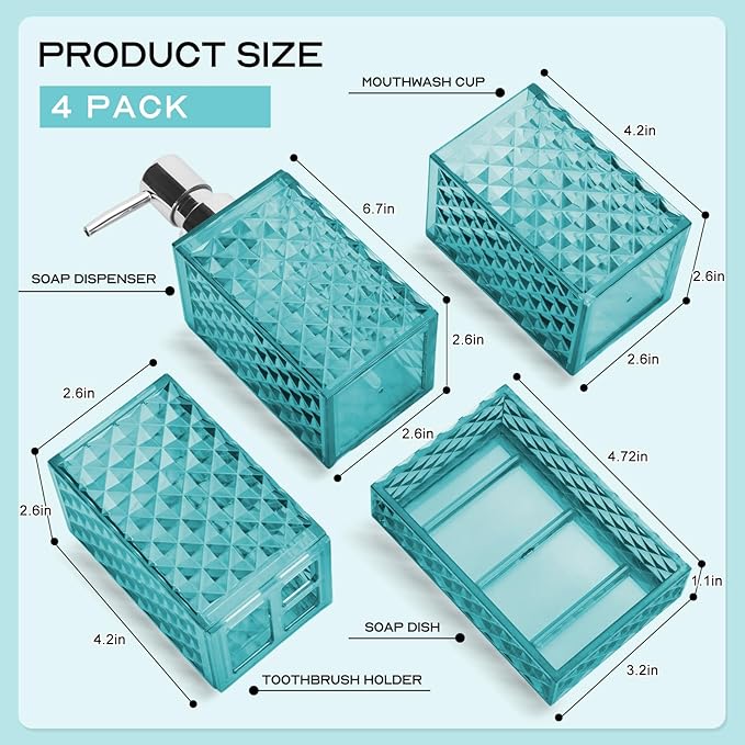 Bathroom Accessory Set, Grid Pattern 4 Pcs Plastic Bathroom Set Include Soap Dispenser, Soap Dish, Toothbrush Holder, Mousewash Cup, Modern Bahtroom D??cor Set(Light Blue)