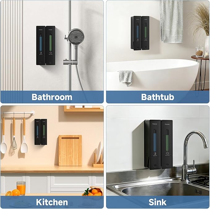 Shampoo Dispenser for Shower - Shower Soap Dispenser Wall Mounted No Drill - Shampoo Body Wash Dispenser 2 Chamber - Easy Install for Bathroom Hotel Black 800ml