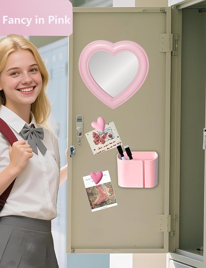 Heart Magnetic Locker Mirror for Girls, 6.9"x7.3" Real Glass Mirror Magnetic for School Locker, Locker Accessories Makeup Mirror for Bathroom Fridge Office Cabinet Gym (Pink)