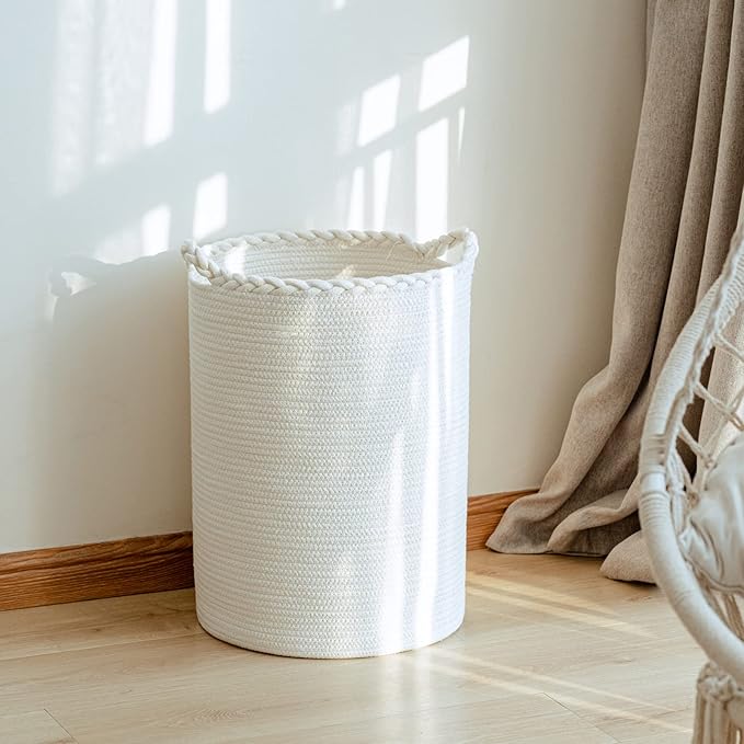 58L Woven Laundry Basket,Cotton Tall Laundry Hamper for Blankets,Clothes,Pillows,Toys,Shoes Large Laundry Bin White