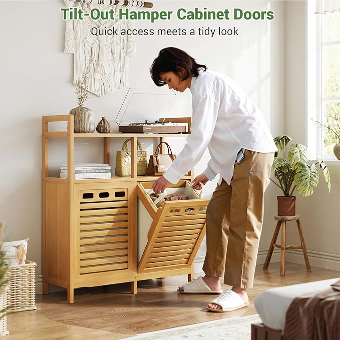 Homykic Tilt Out Laundry Hamper Cabinet, Bamboo Double Laundry Hamper with 2 Removable Laundry Baskets, 20 Gal Laundry Sorter Organizer with Shelf for Dirty Clothes, Bathroom, Laundry Room, Natural