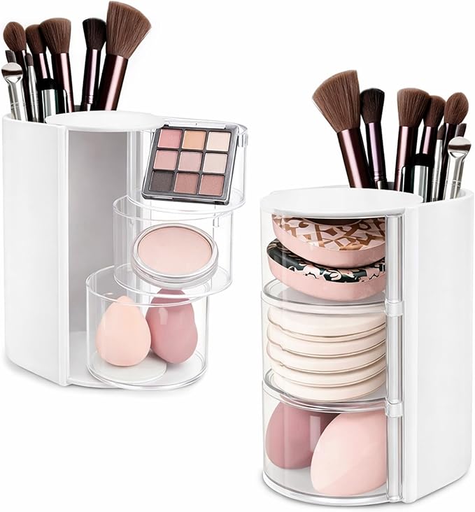 Hair Accessories Organizer with Hair Brush Holder - Rotatable Makeup Brush Organizer and Jewelry Storage Box for Necklaces, Earring, Bracelet, Makeup Brushes, Hair Clip and Hair Accessories (White)