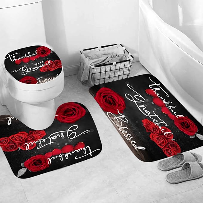 Onalasyc 4Pcs Red Rose Shower Curtain with Rugs Set Waterproof Bathroom Sets with Shower Curtain and Rugs Romantic Showy Red Rose Floral Inspirational Bathroom Curtains Shower Set with 12 pcs Hooks