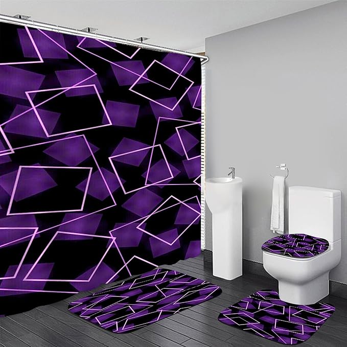 Yizheer 4Pcs Purple 3D Geometry Bathroom Shower Curtain Set with 12 Rustproof Hooks Bath Mat Toilet Cover U Shaped Mat- PEVA Material, 72x72 Inches, Bathroom Curtain for Bathtub (Purple)