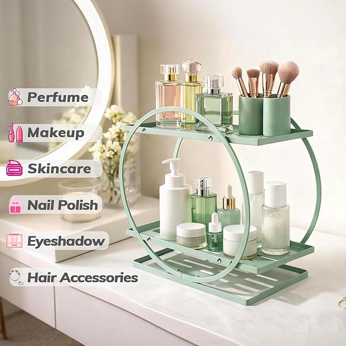 BO2706 2 Tier Bathroom Organizer, Perfume Organizer for Dresser, Green