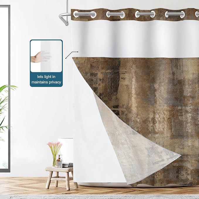 Shrahala Brown Abstract Art No Hooks Shower Curtain with Snap in Liner Set, Grey Acrylic Bathroom Décor Polyester Fiber Waterproof for Stall Bathtubs 71 X 86 in