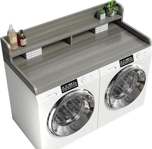 2-Tier Washer Dryer Countertop with 2.75" H Edge Rails, 58" W x 28" D Laundry Countertop for Folding Clothes, Washer and Dryer Topper with Non-Slip Pad (Stripe Gray)