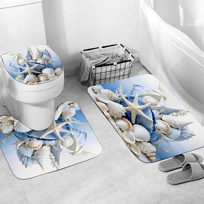 Chrainy 4Pcs Beach Conch Shower Curtain Sets Sea Shell Bathroom Set Decor with Non-Slip Rugs Bath U-Shaped Mat Toilet Lid Cover Waterproof Starfish Bathroom Curtain Shower Set with 12 Hooks