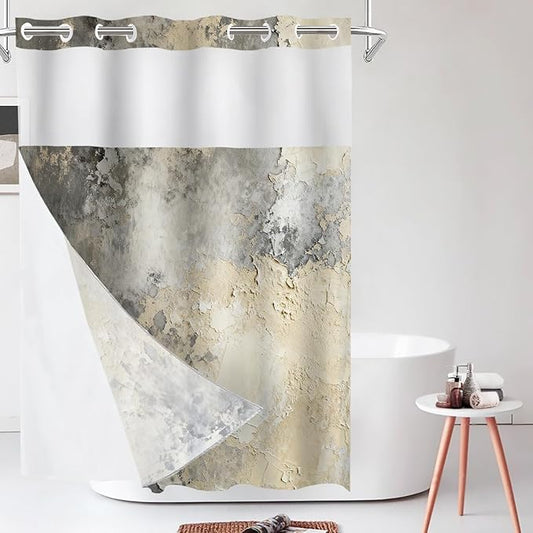 Shrahala Taupe Squares Texture No Hooks Shower Curtain with Snap in Liner Set, Grey and Beige Art Painting Bathroom Décor Polyester Fiber Waterproof for Stall Bathtubs 54 X 80 in