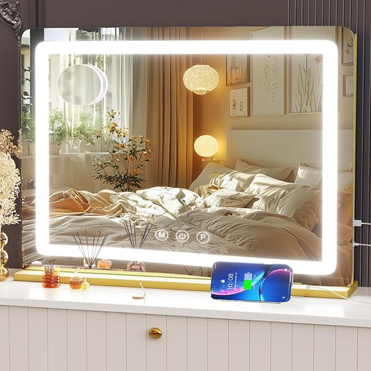 Gvnkvn Makeup Vanity Mirror with Lights 20" L x 26" W Large LED Makeup Mirror, Light up Mirror with 10X Magnification and USB Charging Port, Dimmable 3 Modes, Touch Screen Control Gold