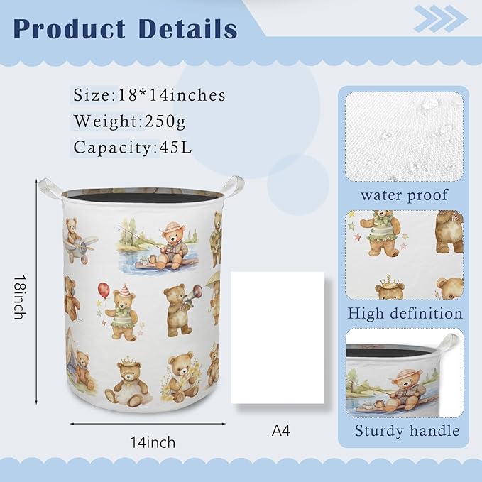 Teddy Bear Sports Laundry Basket Hamper, Bear Nursery Decor, Kids Foldable Clothes Toys Books Storage Box Bins Baskets Organizer for Toddler Kids Bedroom Playroom Bathroom