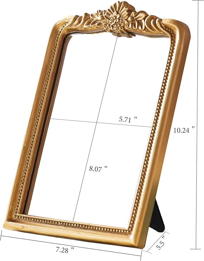 Gold Vintage Vanity Square Mirror, Antique Mirrors for Wall Decorative, Unique Cute Small Mirror, Table Top Makeup Framed Mirrors, Bathroom, Bedroom, Living Room,Fireplace,10.2" L x 7.3" W Gold
