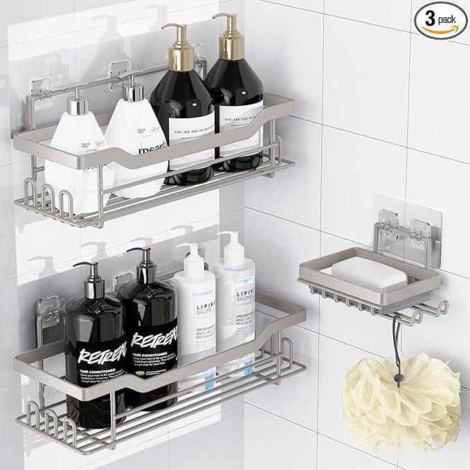 Shower Caddy Shelves Organizer Rack, 3 Pack Shower Caddy with Soap Holder, No Drilling Wall Mounted Self Adhesive Shower Shelves for Inside Shower, Paint Nickel