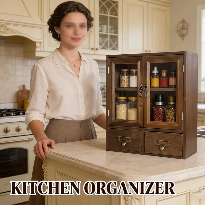 Rosetta Mini Countertop Country Vintage Locker, Wall-Mounted Wood Display with Organic Glass Door, Food Storage, 2 Bottom Drawers-Pharmacist Cabinet-Display Cabinet (Burnt Wood Color)