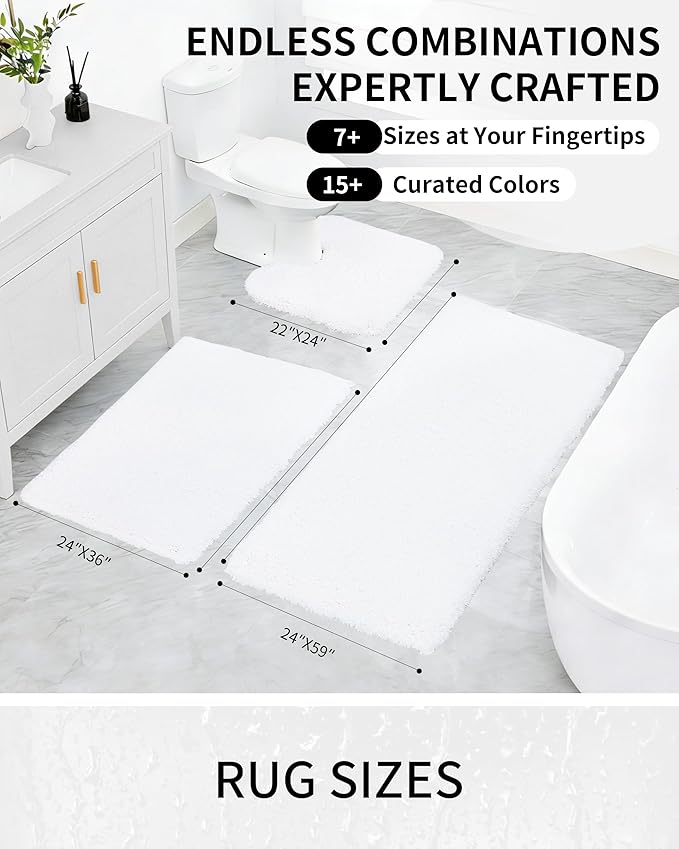 Bathroom Rugs Non Slip Washable 48x24, Ultra Thick Soft Microfiber Absorbent Bath Mats, High Density Foam Latex Non Slip Backing Bath Rugs, Fluffy Floor Carpet for Tub&Shower, White