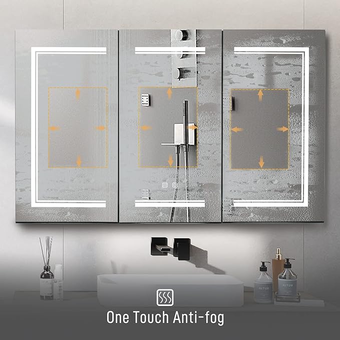 Karl home 48x28 Inch 3 Doors Bathroom Medicine Cabinet with LED Mirror, 3 Color Wall Mounted Dimmable Bathroom Cabinet with 3-Tier Storage Shelves, Anti-Fog, USB Charge, Black