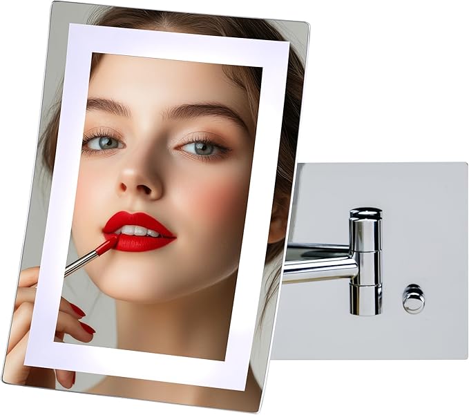 OVENTE Wall Mounted Rectangular Lighted Makeup Mirror with 7X Magnification, AC Adapter, 7'' Bathroom Vanity Mirror, Dimmable White LED Lights, 17" Extendable Folding Arm, Polished Chrome MSWA6387CH7X