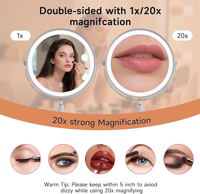 1X/20X Magnifying Makeup Mirror with Lights - 9" Large Dual-Sided Vanity Mirror with 3 Color Lights for Women's Travel Cosmetic Mirror | 3000 mAh-USB Rechargeable | 360° Rotation | Adjustable Height